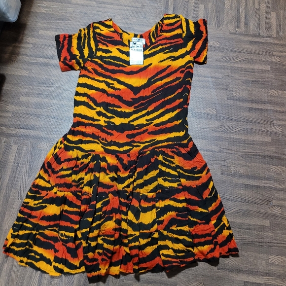 New OK Mike Womens One Size Animal Print Orange Black drop Waist Dress NWT - Picture 2 of 11